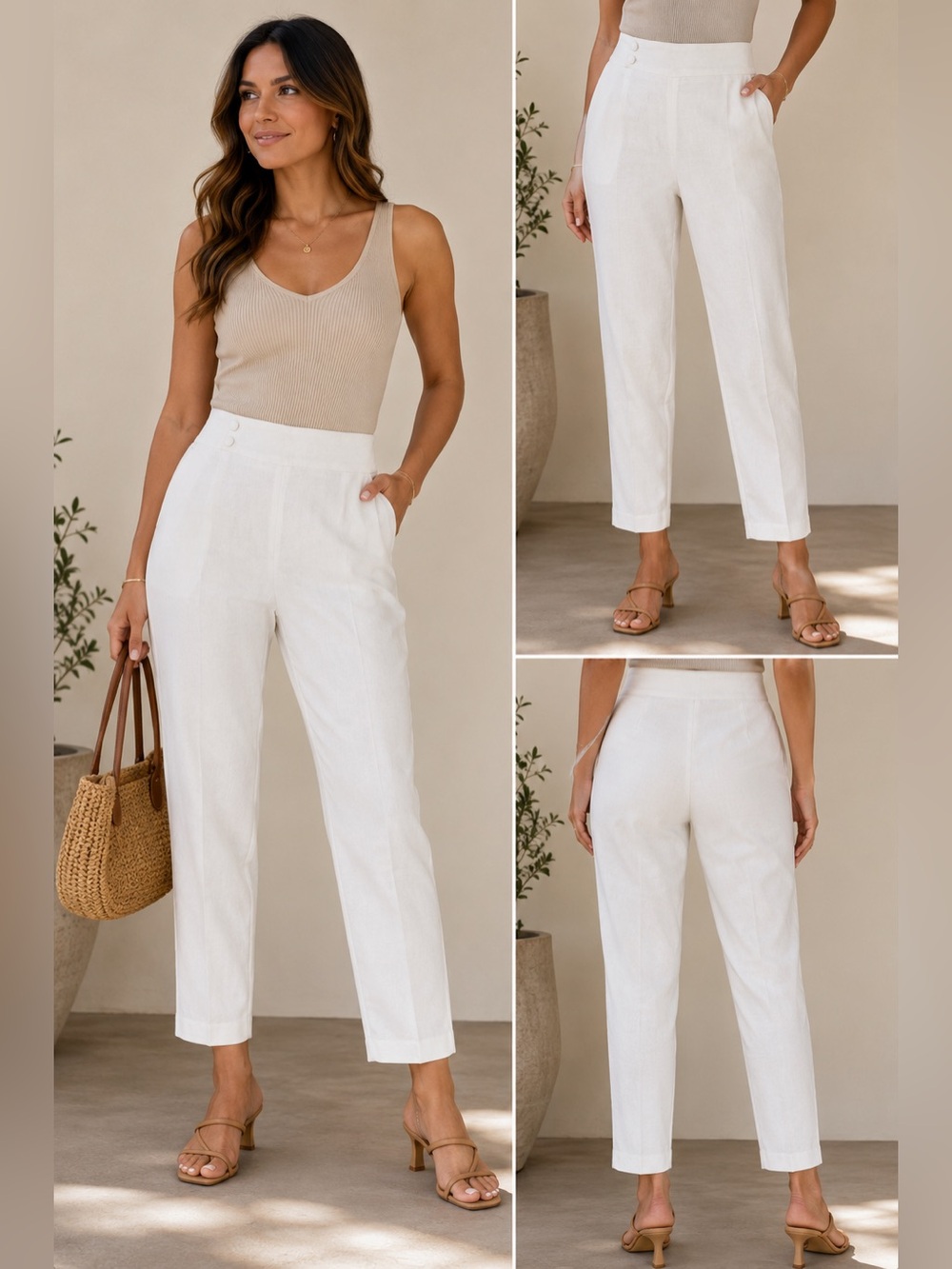Sezane Trousers Womens 38 White High Rise Cropped Straight Leg Linen Blend Pants